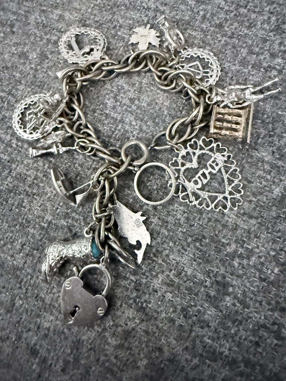Vintage Sterling Silver Loaded Charm Bracelet with Heart Padlock & 16 Charms